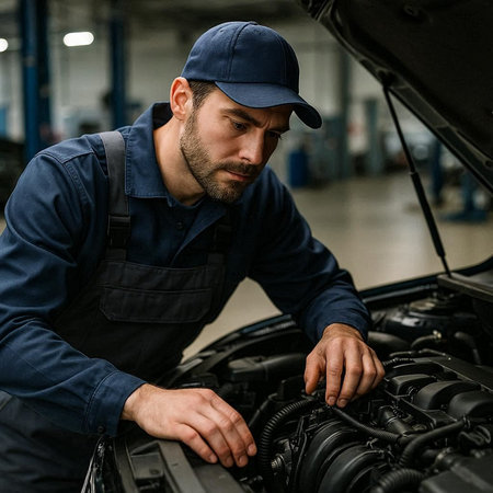 handsome mechanic in uniform repairing car engine in auto repair service station