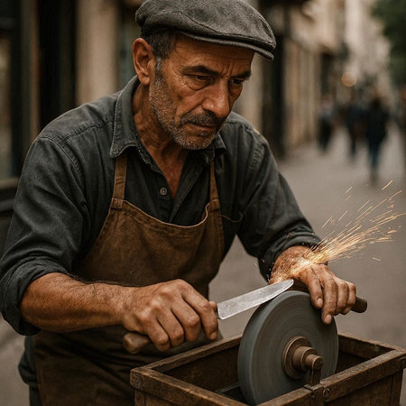 Portrait of an old man cutting metal with a grinder.
