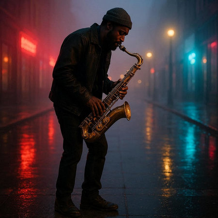 Street musician playing the saxophone on a foggy night street.
