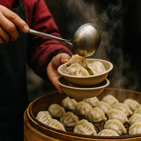 steamed dumplings in a bamboo steamer on a black background