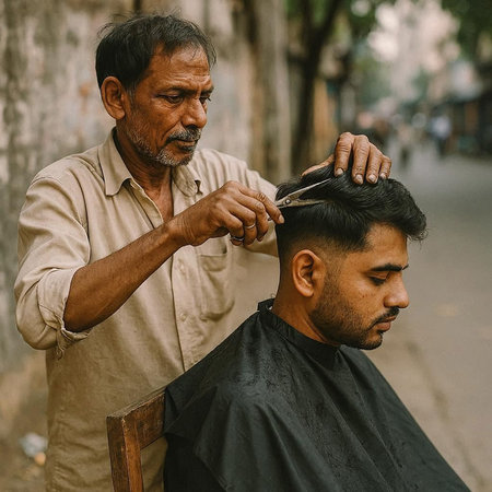 Handsome Indian man getting his hair cut at a barber shop.
