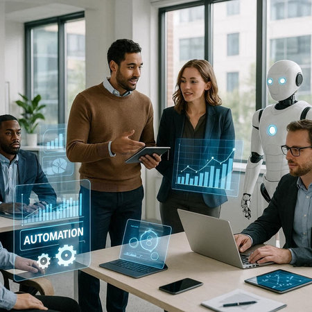 Group of business people working together in modern office. AI concept.