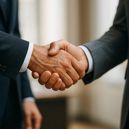 Close-up image of two businessmen shaking hands. Handshake concept