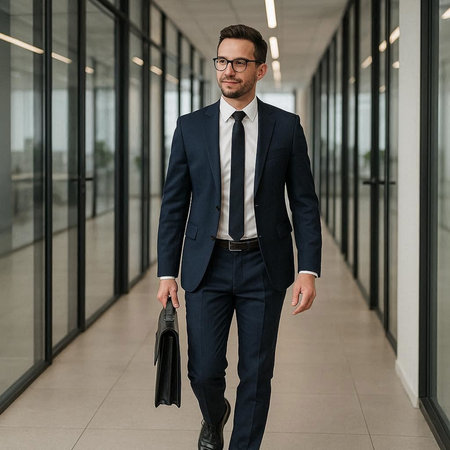 Handsome young businessman in suit and glasses walking in the office