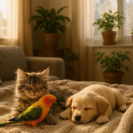 Cute cat and dog playing with a parrot on the bed.