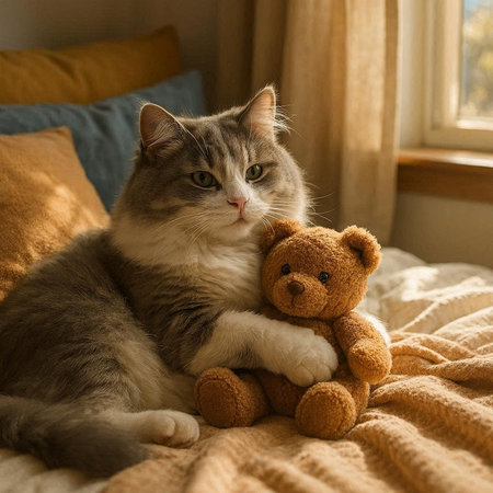 Cute cat and teddy bear on the bed at home.