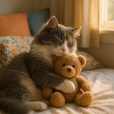 Cute tabby cat with teddy bear on bed at home