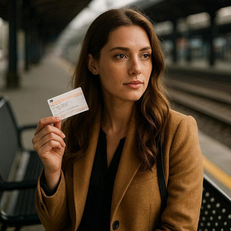 Portrait of a beautiful young woman with long brown hair, wearing a beige coat, holding a boarding pass ticket and looking at the camera.