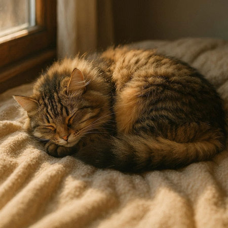 Siberian cat sleeping on the window sill. Cozy home.