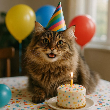 Cute cat with birthday cake and colorful balloons on the background.