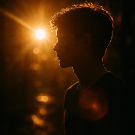 Portrait of a young man in the rays of the setting sun