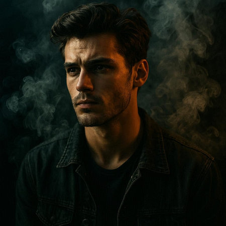 Portrait of a handsome young man in a denim jacket with a cigarette in his mouth.