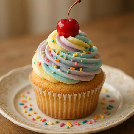 Delicious cupcake with colorful icing and cherry on the top.