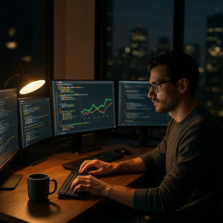 Side view of a software developer working on a computer late at night in a dark office