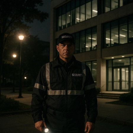 Portrait of a security guard standing in front of a building at night