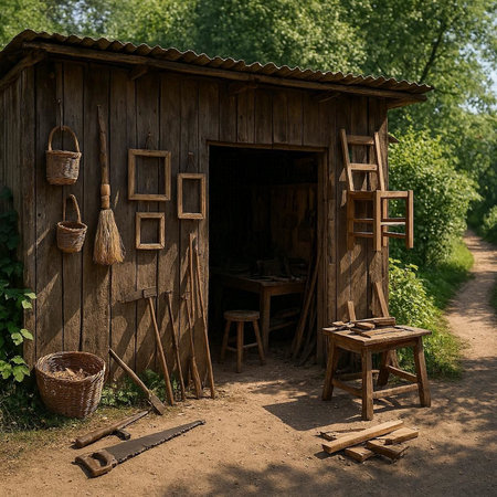 Old rustic wooden shed with tools and utensils in the garden