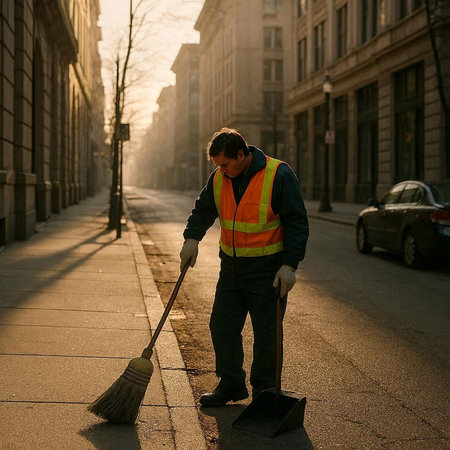 A young man cleans the street with a broom in the early morning