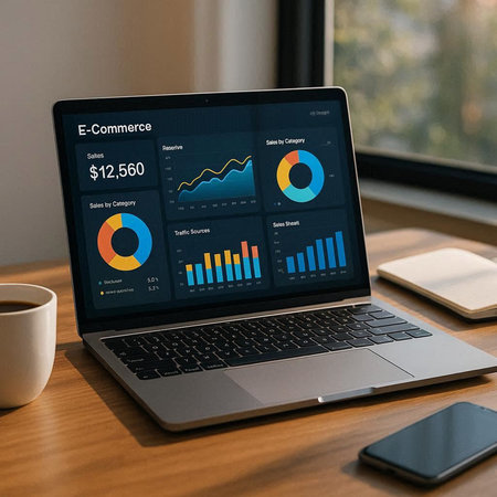 Laptop with financial charts on screen. All screen graphics are made up.