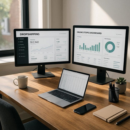 Workplace with devices connected to each other and financial reports on screens