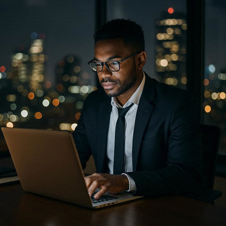 Serious african american businessman working on laptop at night in office