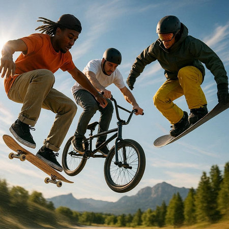Skateboarders riding on a skateboard in the mountains.