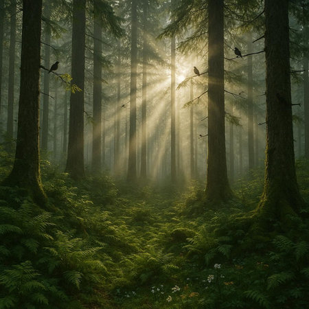 Foggy forest with birds in the rays of the rising sun