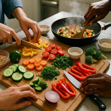 Cropped image of young multiethnic couple cooking vegetable salad in kitchen at home