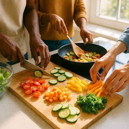 Cropped image of multiethnic couple cooking vegetable salad in kitchen at home