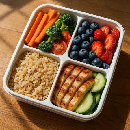 Healthy lunch box with chicken breast, vegetables, berries and rice