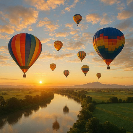 Hot air balloons flying over the river at sunset. 3D rendering