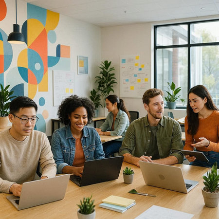 Group of young people working together on a project in a modern office