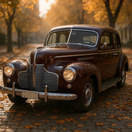 Vintage car in autumn park. Retro car in autumn park.