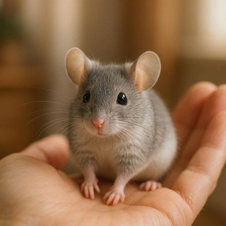 Gray rat in the hands of a girl. Close-up.