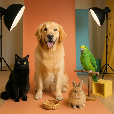 Golden Retriever, green parrot and black cat in studio