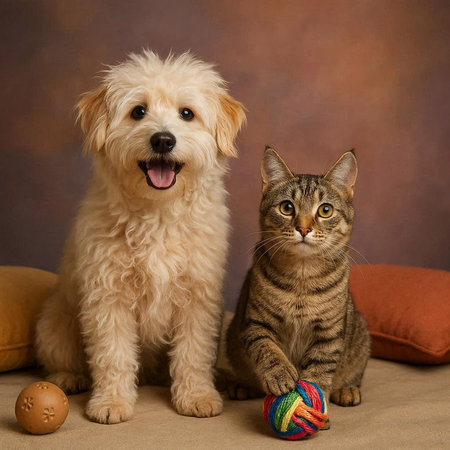 Cat and dog playing with a ball of yarn on a brown background