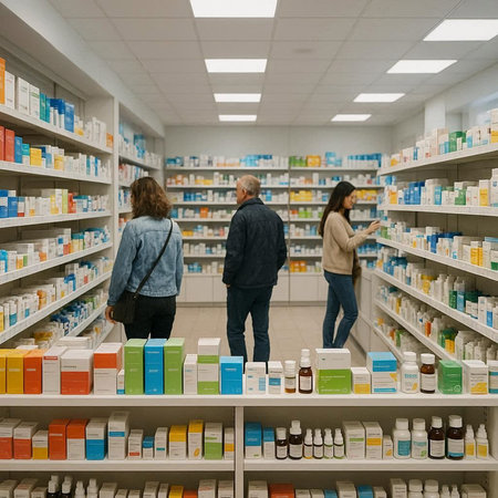 Rear view of senior man and woman looking at shelves in pharmacy