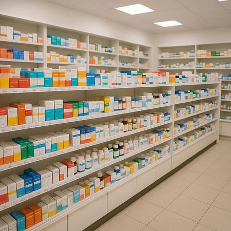 Pharmacy drugstore interior with shelves and shelves full of medicines