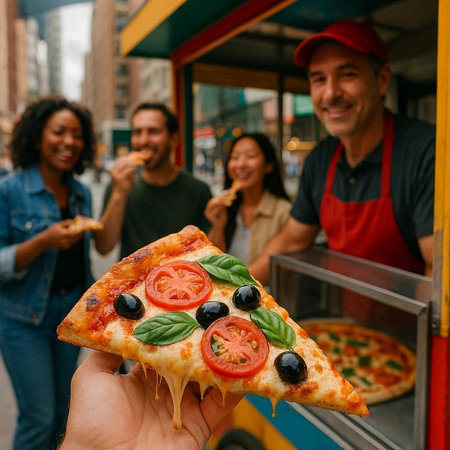 Group of friends eating pizza in New York City. Fast food concept.