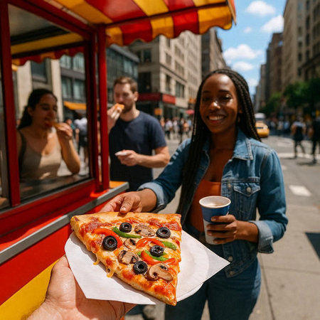 Young black woman eating pizza in New York City on a sunny day.