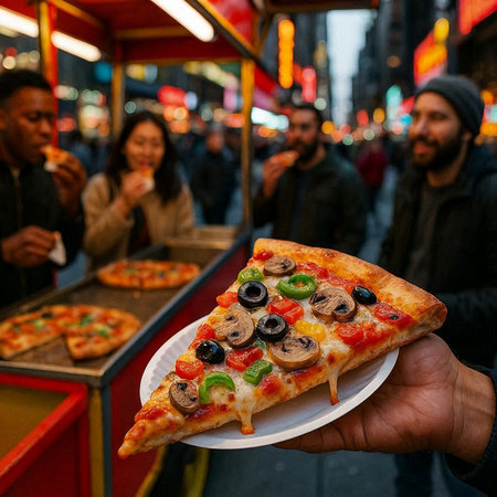 Pizza with olives and mushrooms on the street of New York.