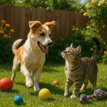 Cat and dog playing with balls in the garden. Pet care concept.