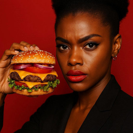 young pretty african american woman with big hamburger on red background