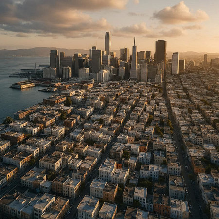 Aerial view of the city of San Francisco at sunset, USA