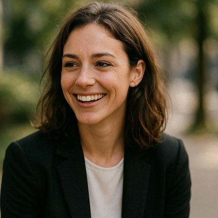 Portrait of a smiling businesswoman in a black jacket looking at the camera.
