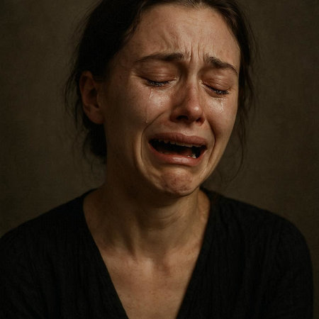 Portrait of a middle-aged woman with tears on her faceの写真素材