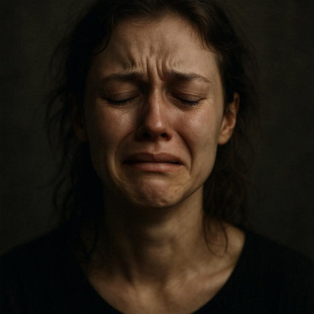 Portrait of a crying woman with tears in her eyes on a dark backgroundの写真素材