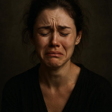 Portrait of a sad woman in a black sweater on a dark backgroundの写真素材