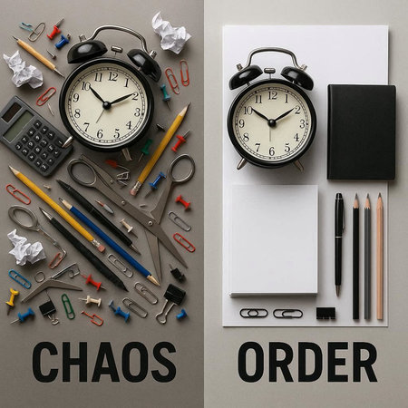 Top view of school supplies and alarm clock on gray background. Education concept