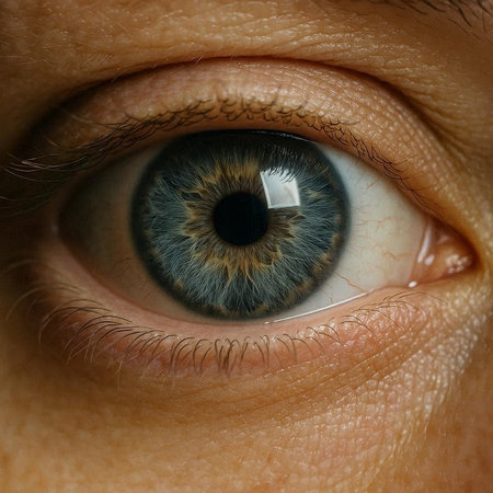 Close-up of the blue eye of a man. Macro.