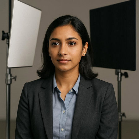 Portrait of young businesswoman looking at camera in photo studio.